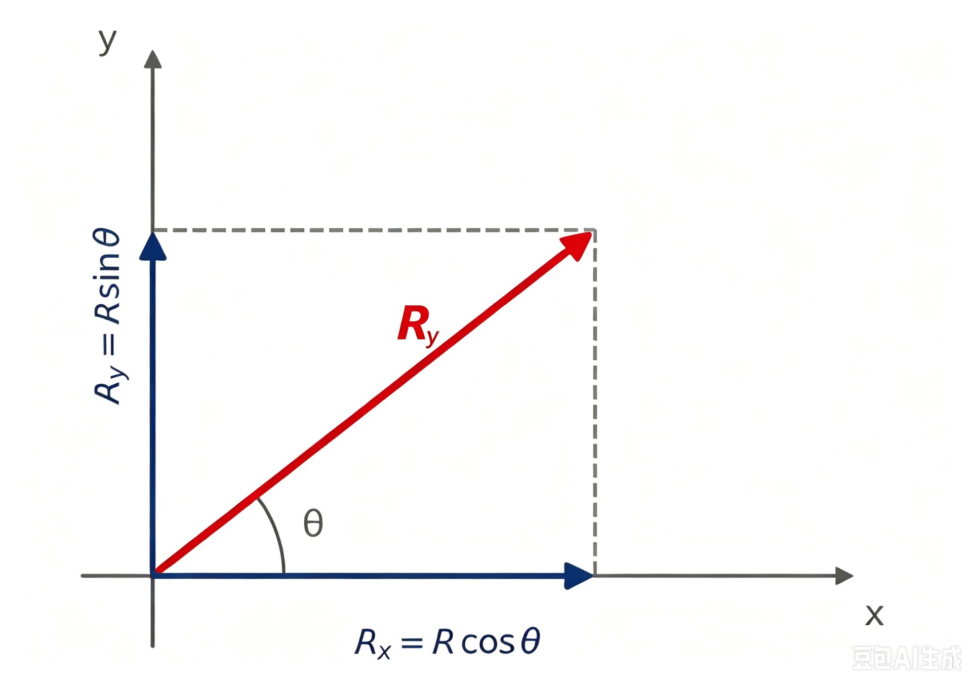A force F resolved into perpendicular components: F cos θ adjacent to the angle and F sin θ opposite it